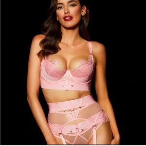 Belinda “Honey Birdette” candy pink 3pc set: 32c bra/xs Garter/xs thong    hot!